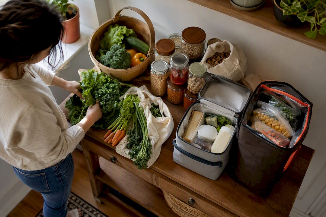 Vegetarian groceries sorted into aisle groups