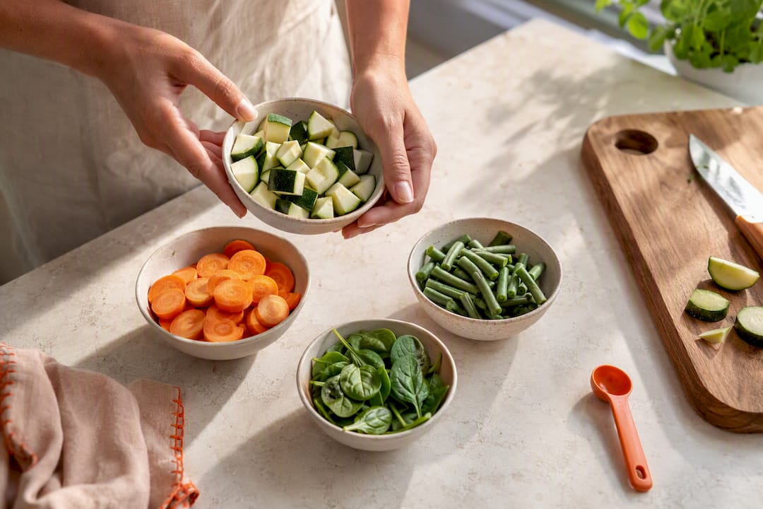Vegetables portioned into small bowls