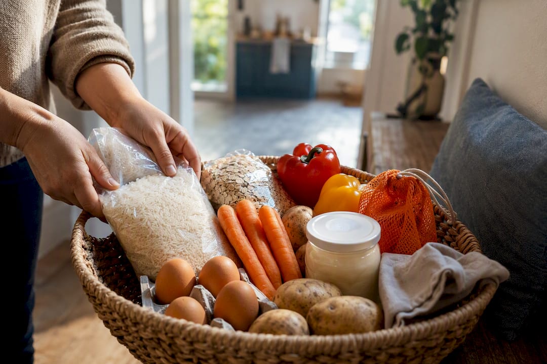 Low FODMAP groceries arranged in basket