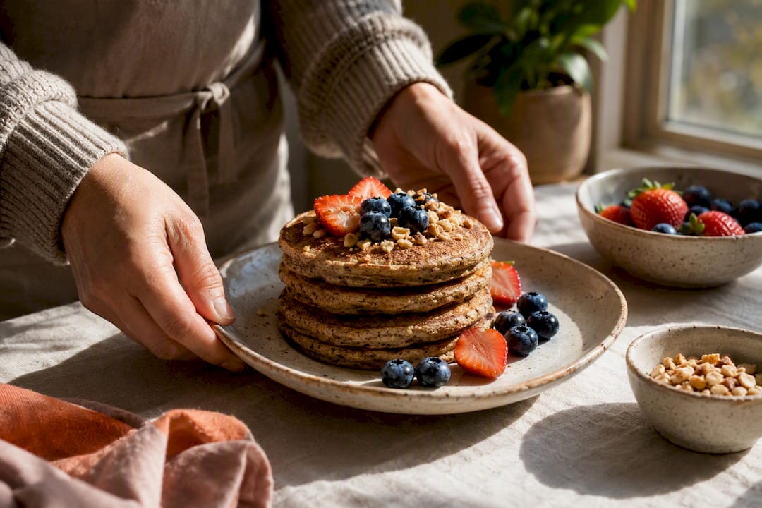 Flax pancakes with berries on ceramic plate