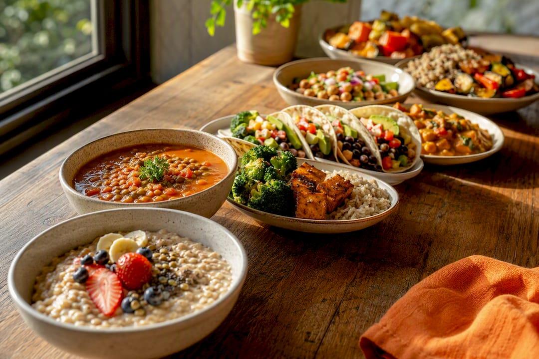Seven vegan meals arranged for weekly planning