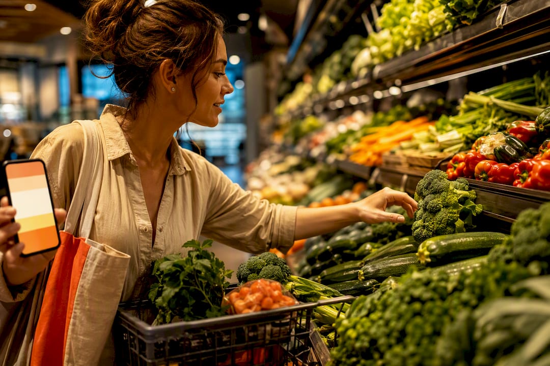 Shopper using grocery list in produce aisle
