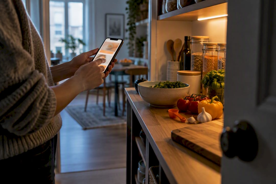Meal planning app beside organized ingredients