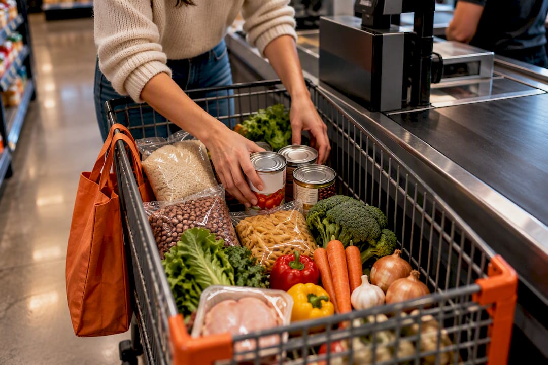 Affordable dinner ingredients organized in a shopping cart