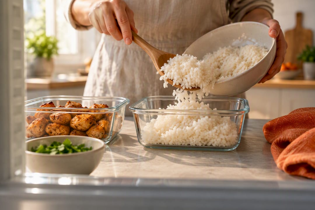 Cook transferring batch-cooked rice into shallow container