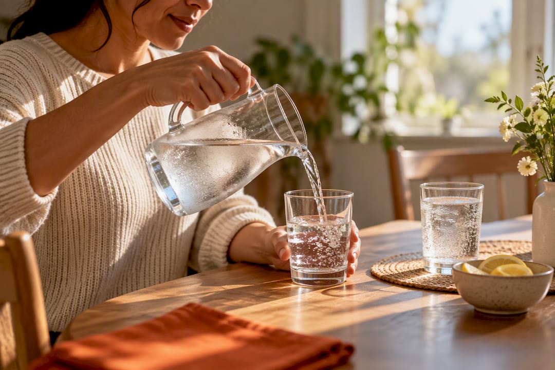 Water being poured beside a dining table