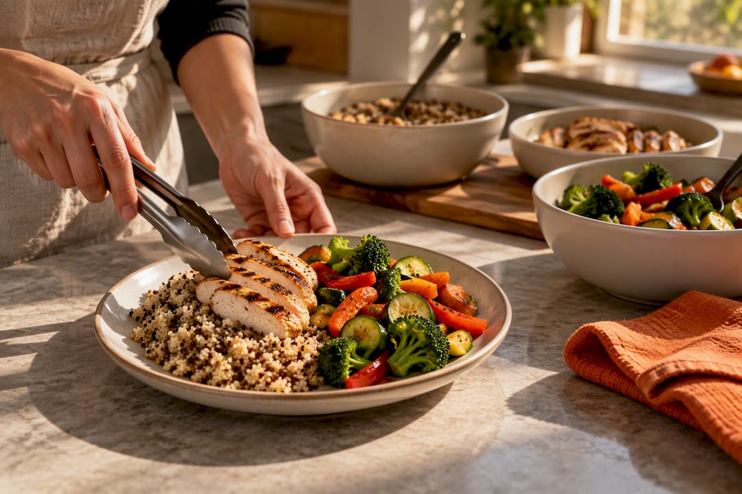 Balanced diabetes-friendly meal being assembled