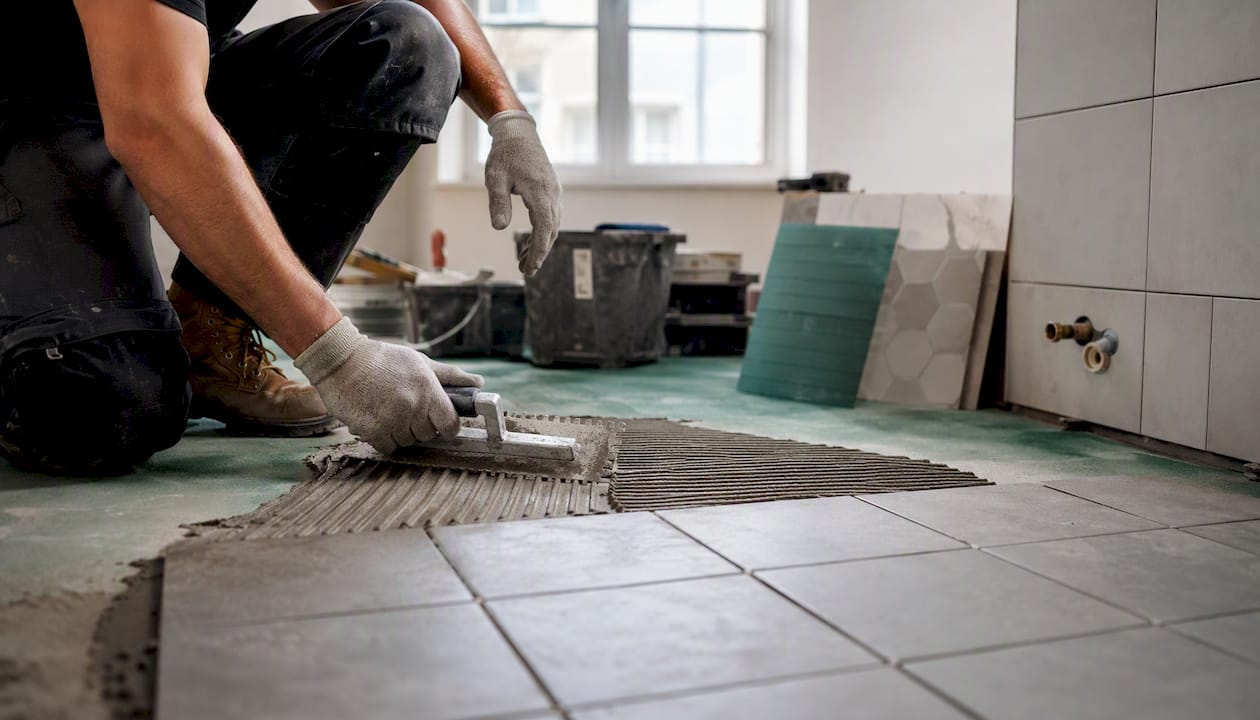 Tiler laying large-format bathroom floor tiles