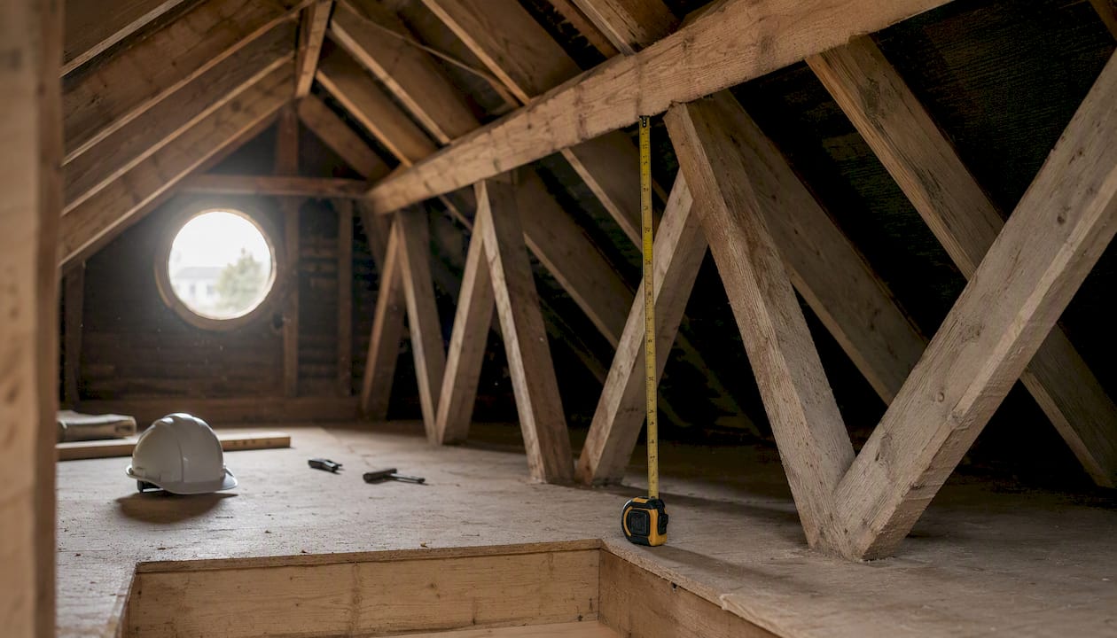 Loft roof void with timber beams inspected