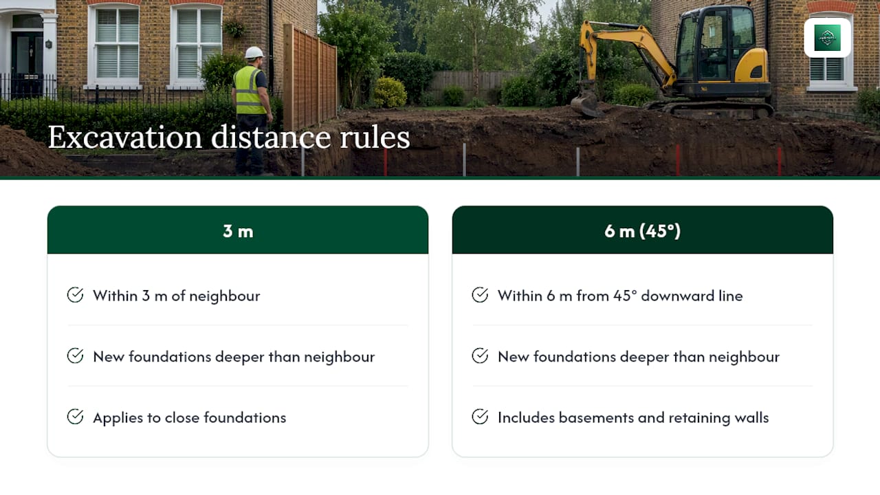 Diagram of excavation distance rules under Party Wall Act