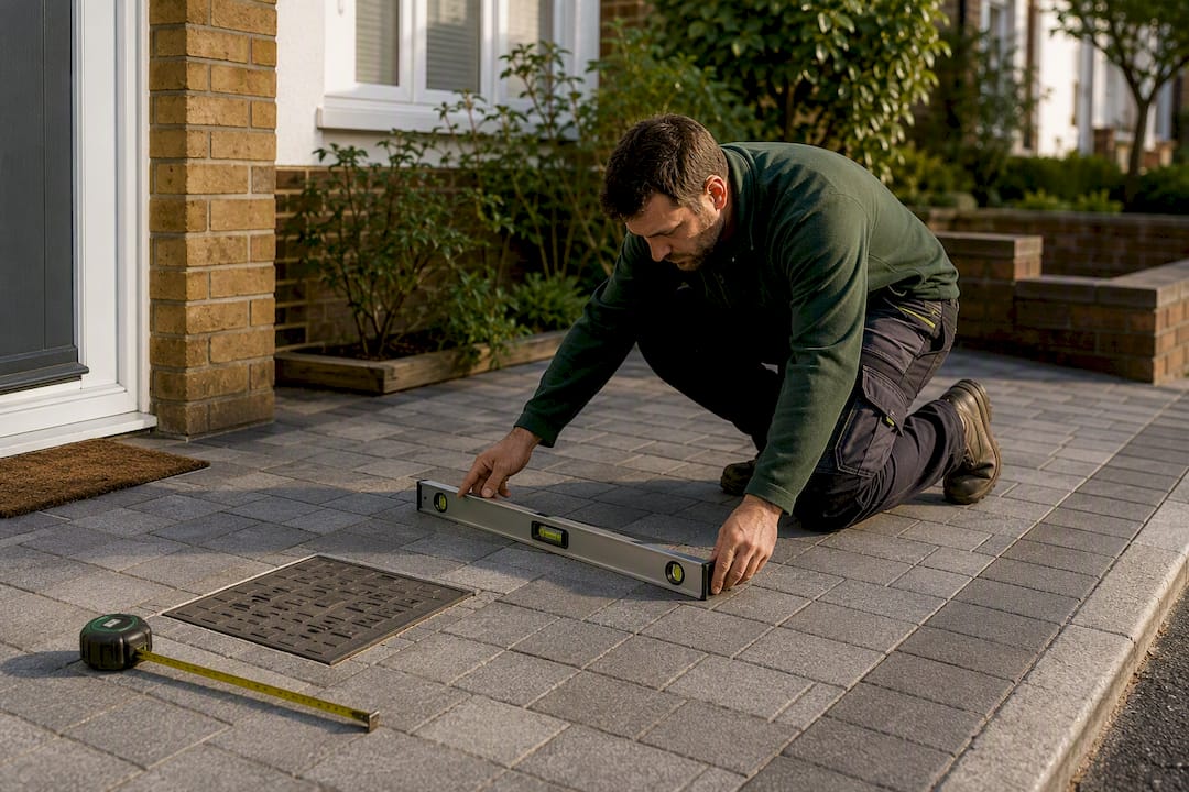 Installer checking driveway fall and drainage