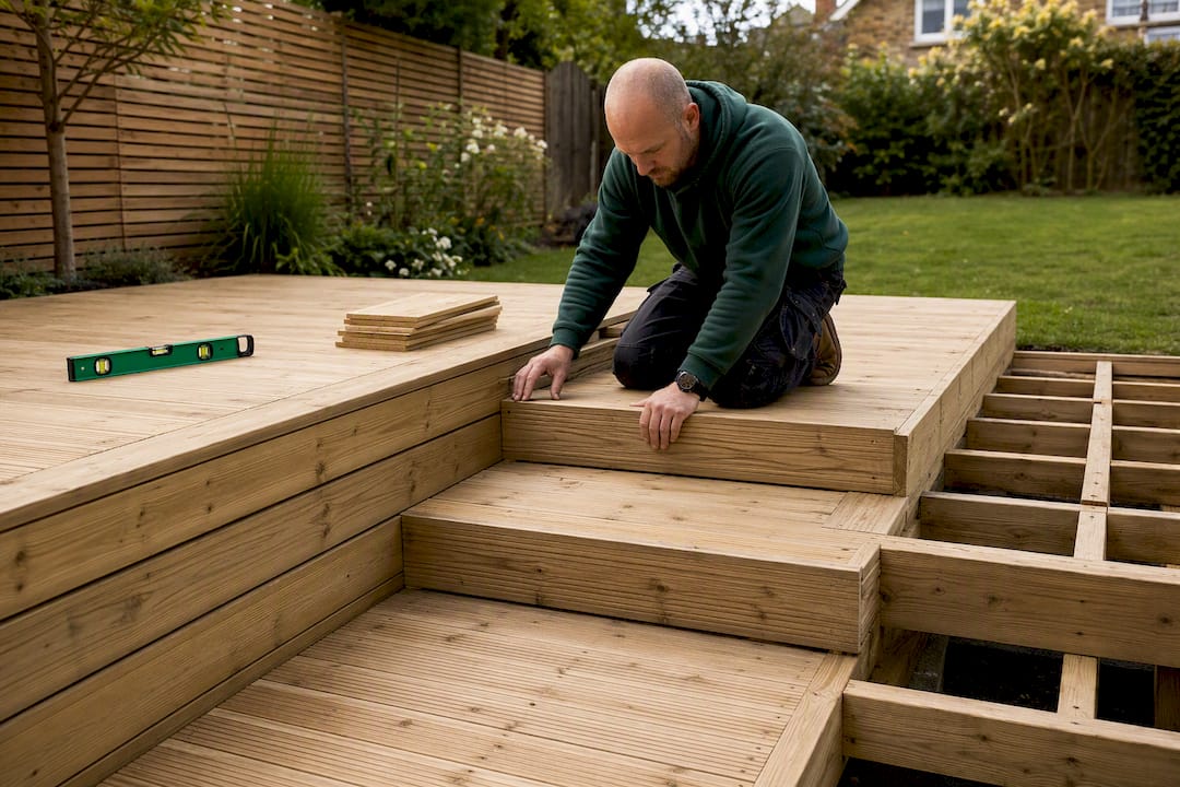 Split-level decking with connecting garden stairs