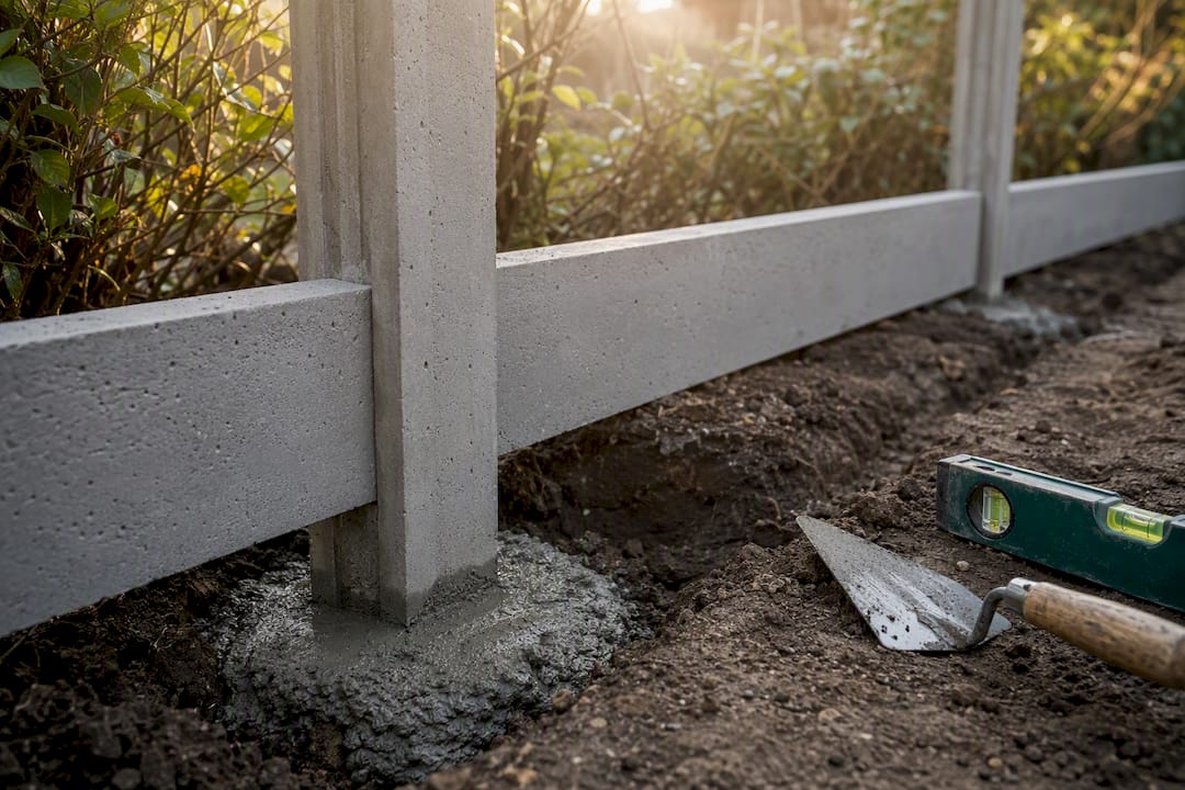 Concrete fence posts with gravel boards
