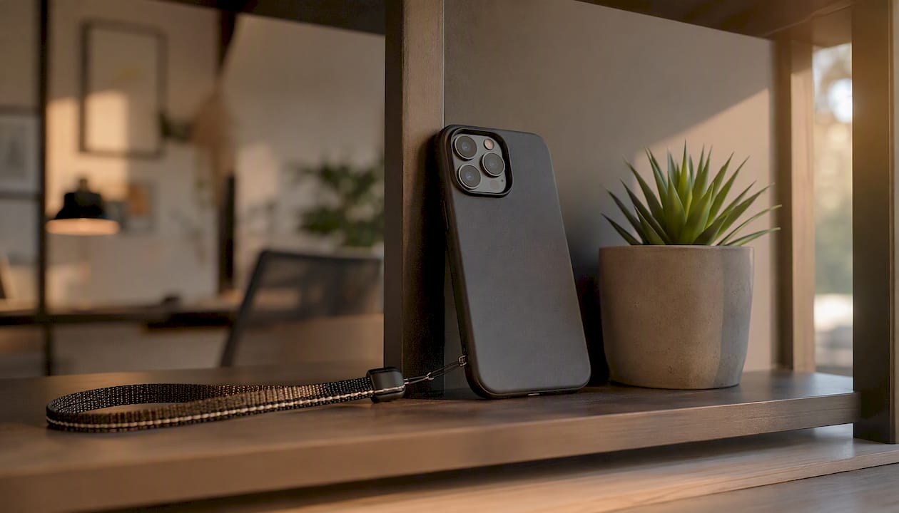 Ein iPhone in einer TPU-Hülle mit Trageband liegt auf einem aufgeräumten, minimalistischen Schreibtisch.