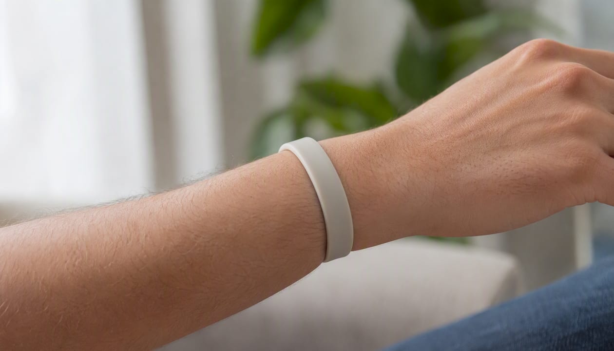 Detailaufnahme: Ein Silikonarmband sitzt bequem am Handgelenk.