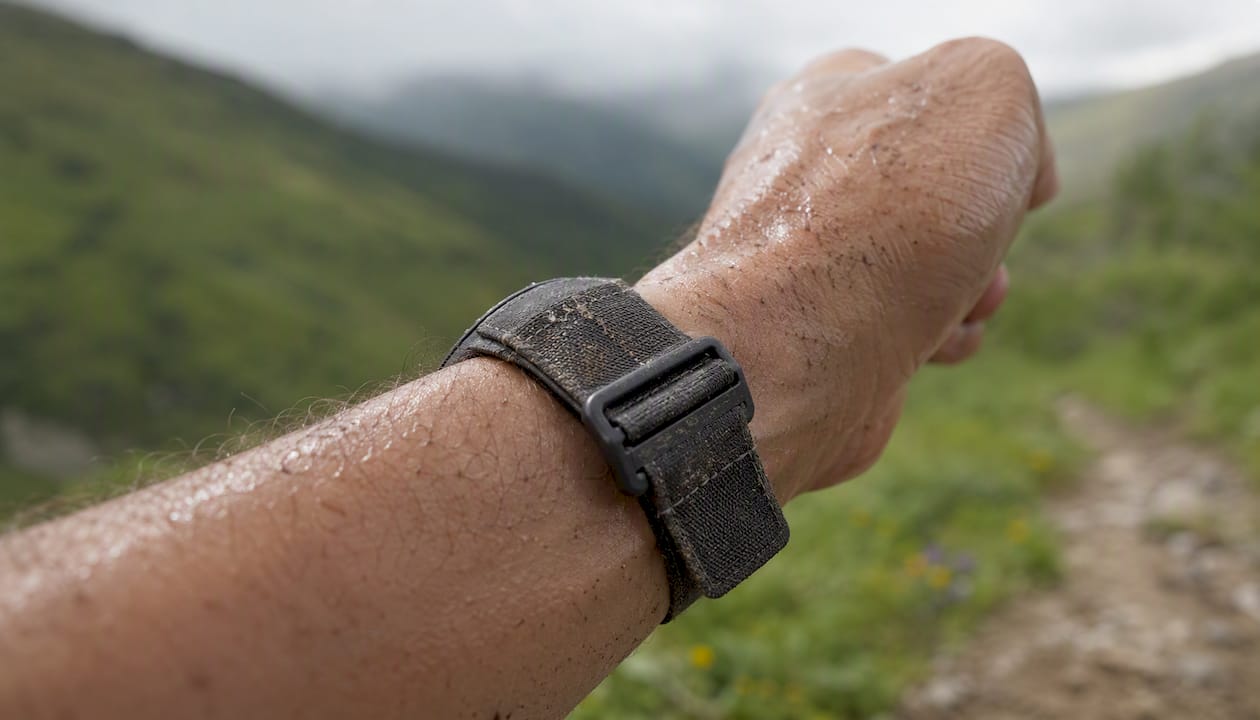 Detailaufnahme eines robusten Sportuhren-Armbands am Handgelenk im Freien