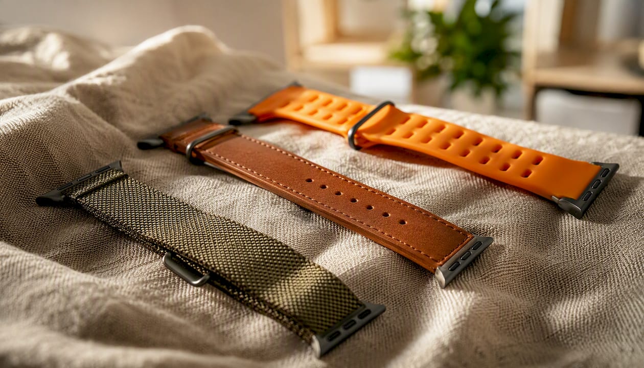 Detailaufnahme verschiedener Materialien von Apple Watch Armbändern