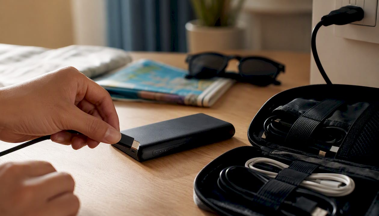 Eine Hand steckt ein Kabel in eine Powerbank.
