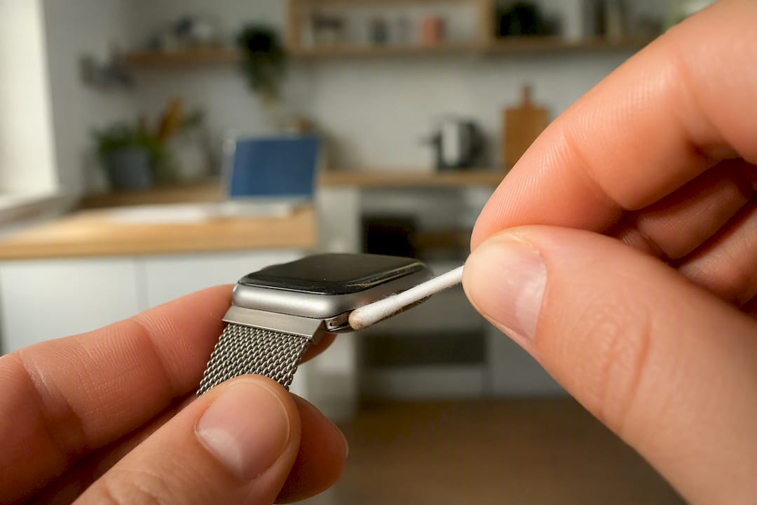 Detailaufnahme: Mit einem Wattestäbchen wird der Anschluss des Apple Watch Armbands vorsichtig gereinigt.
