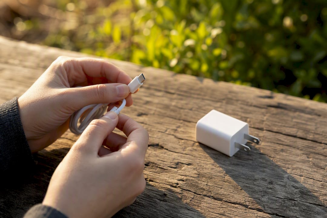 Eine Person prüft sorgfältig das Ladekabel und den Adapter auf mögliche Schäden.