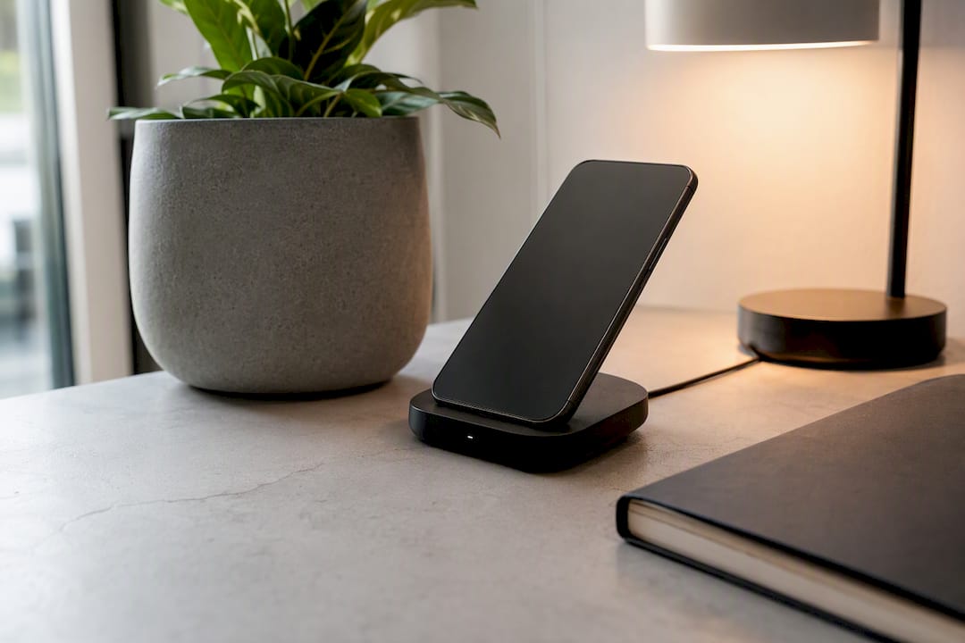 Ein Smartphone liegt zum Laden auf einer kabellosen Ladestation auf einem modernen Schreibtisch.