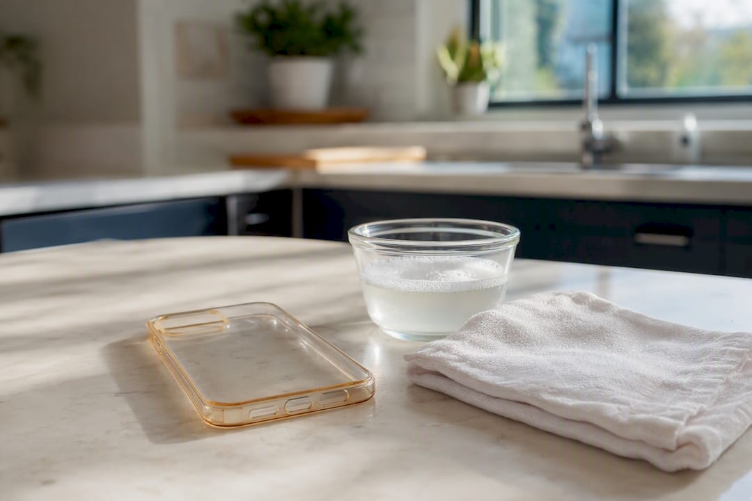 Vergilbte transparente Handyhülle mit Reinigungsmitteln