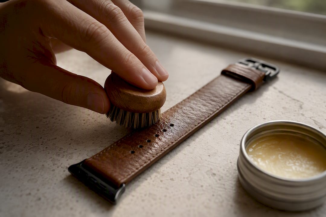 Lederarmband der Apple Watch wird gepflegt