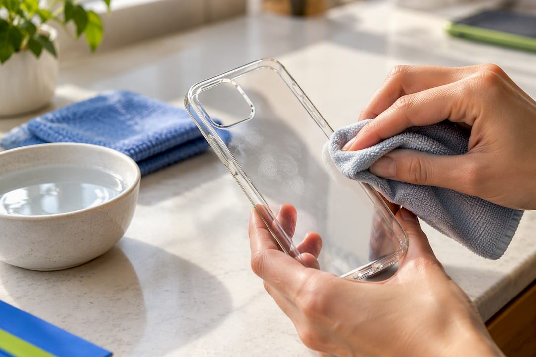 Mikrofasertuch reinigt die transparente Hüllenkante