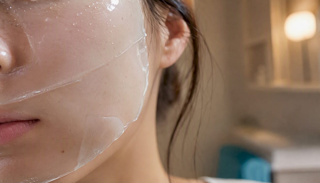 Close-up of hydrogel mask texture on skin