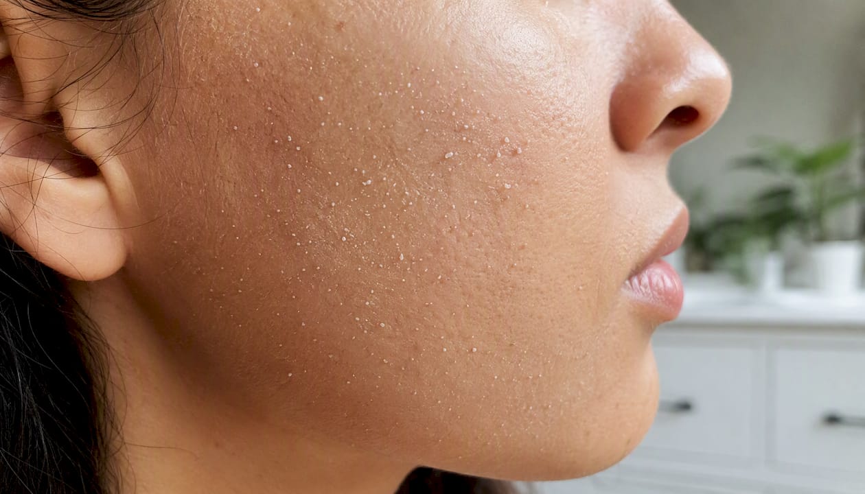 Close-up of skin with pilling sleeping mask product