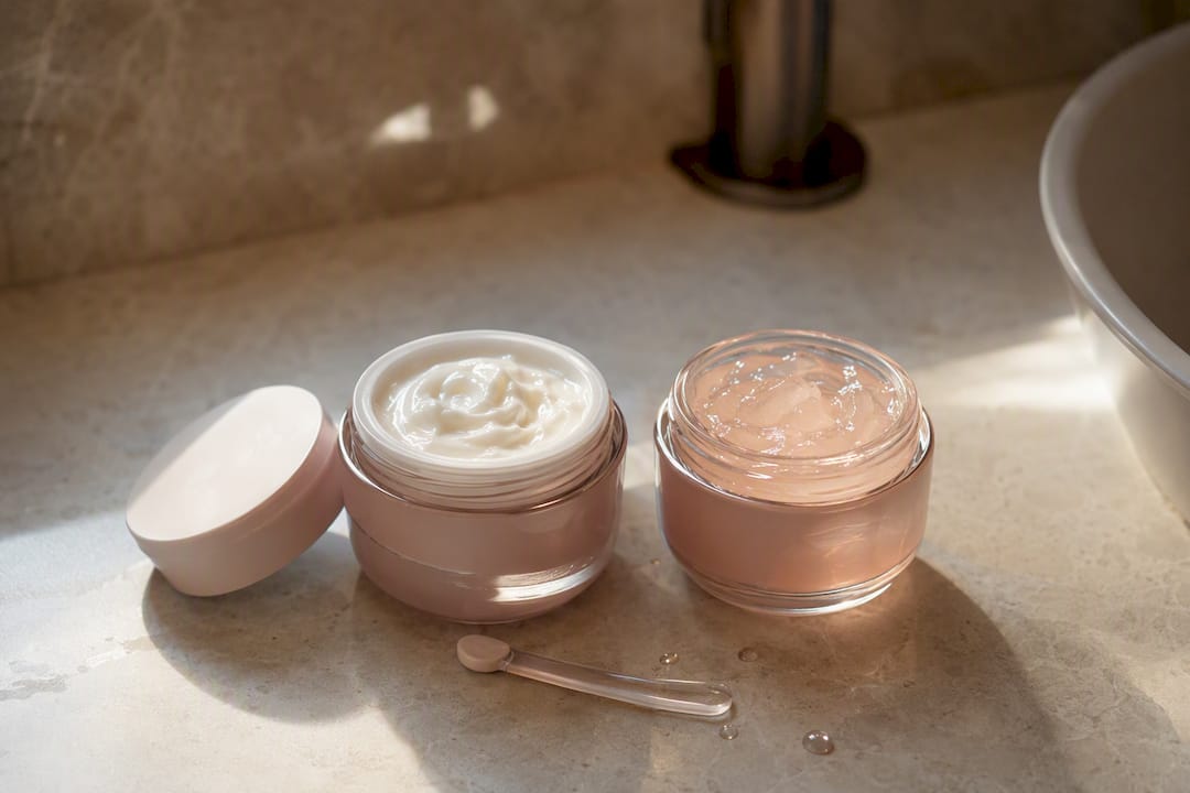 Gel and cream moisturizers on vanity surface