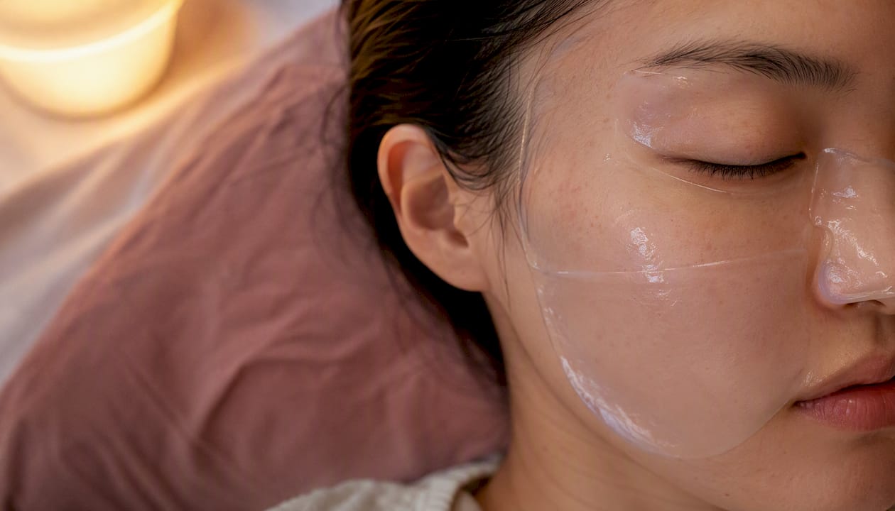 Hydrogel mask on bare cheek skin at night
