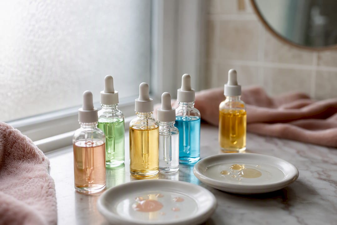 Veiled glass bottles with skincare serums on vanity
