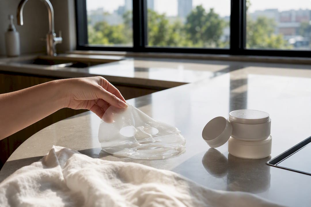 Hand unfolding hydrogel mask near mirror