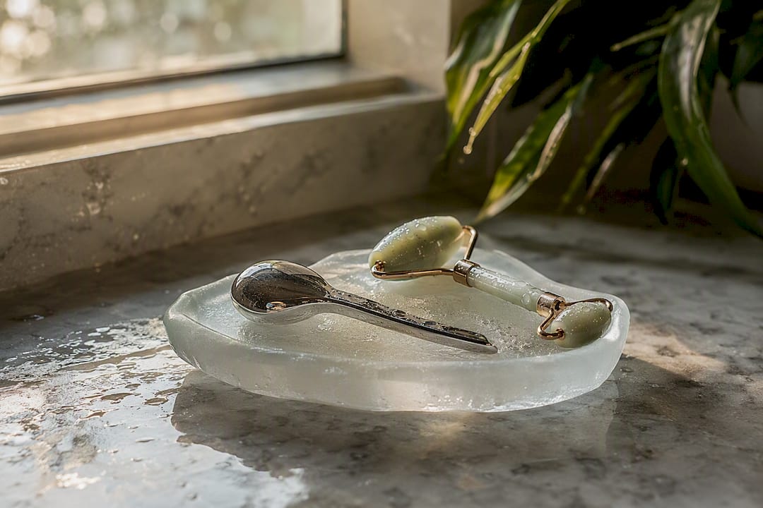 Frozen metal spoon and jade roller in freezer