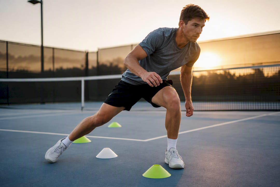Player performing lateral agility drill on court
