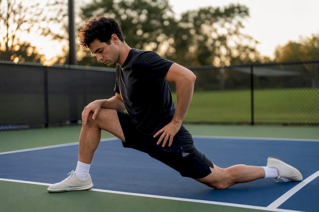 Player stretching hip flexor outside