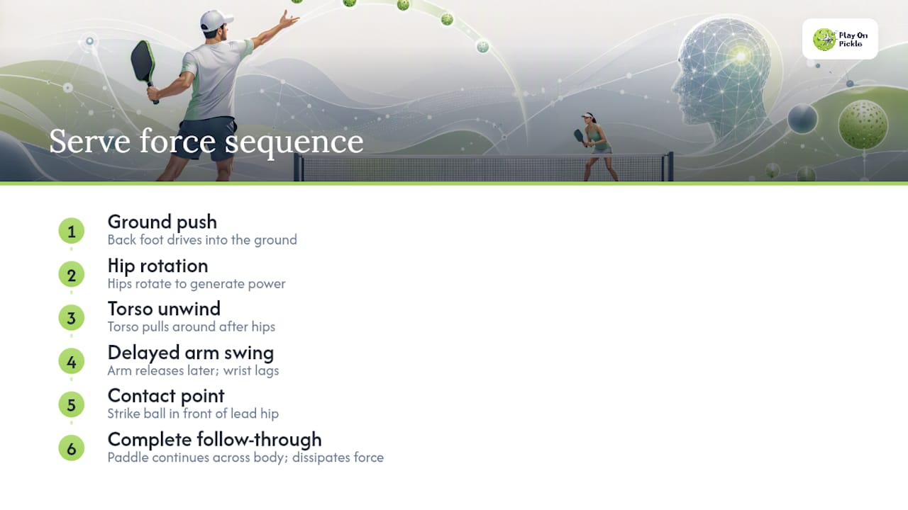 Six-stage pickleball serve sequencing diagram