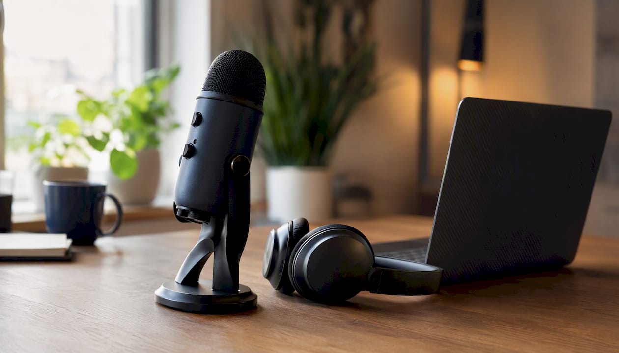 Microphone and headset on desk corner