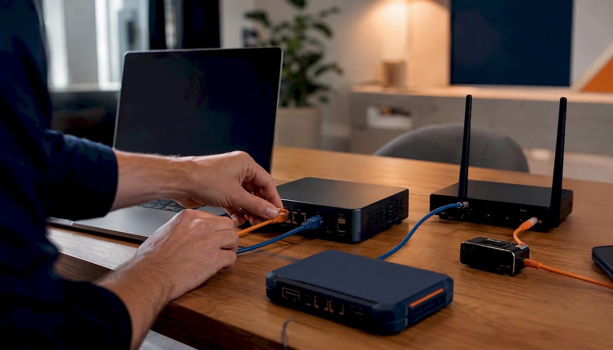 Hands arranging security tokens and devices