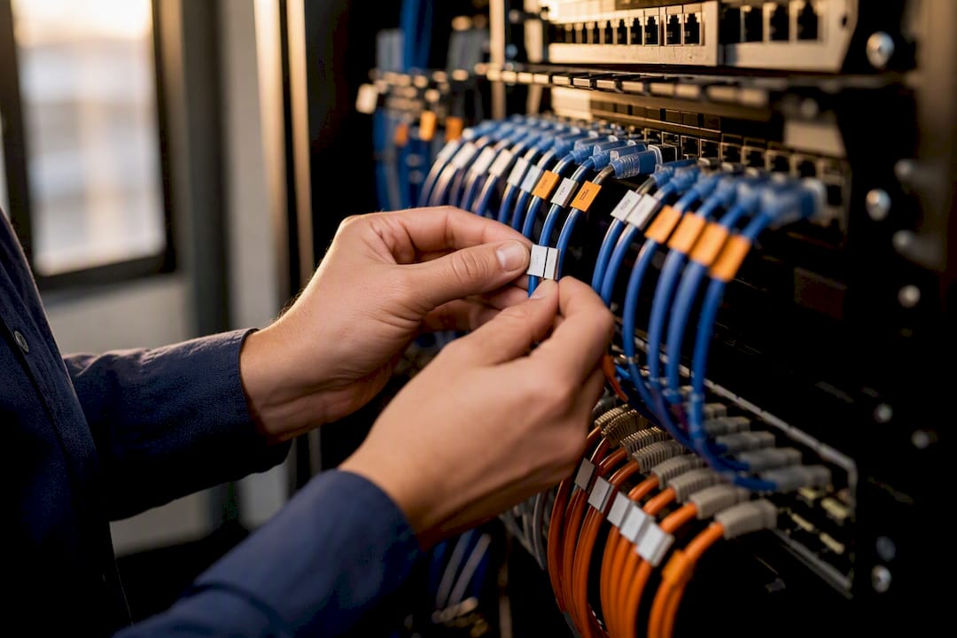 Hands tagging data cables in telecom rack