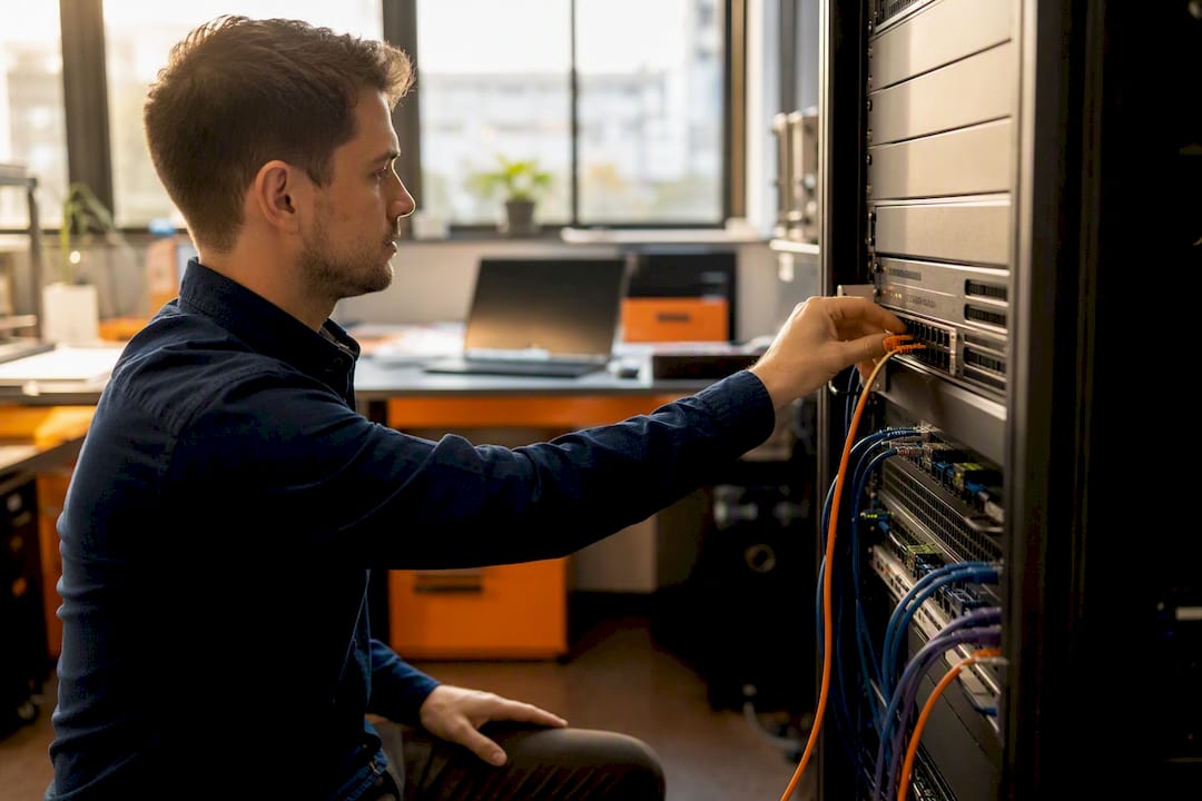 Hands holding network cable connector at IT workspace