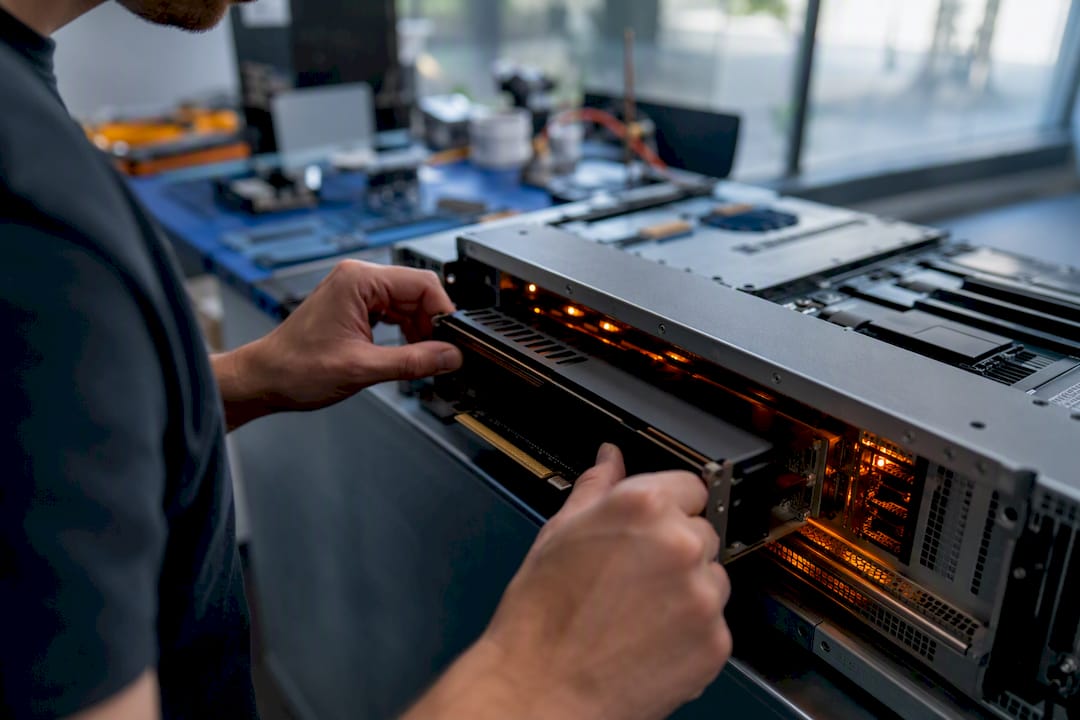 Technician wiring AI hardware components