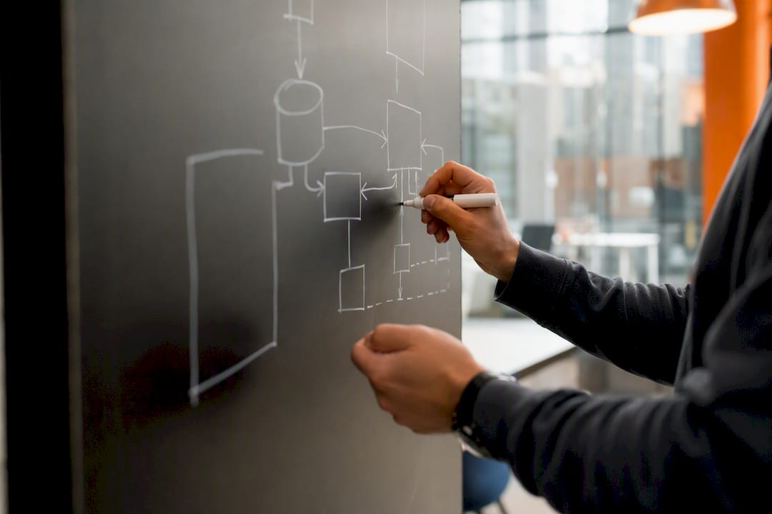 Developer drawing app architecture on whiteboard