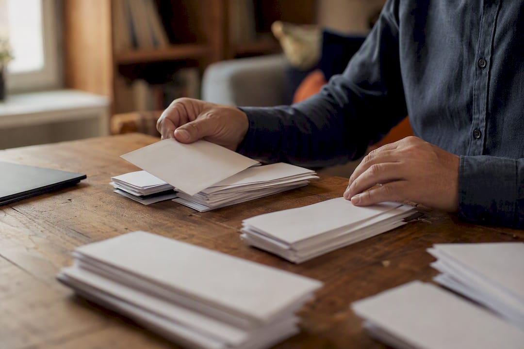 Hands manually sorting paper ballots on table