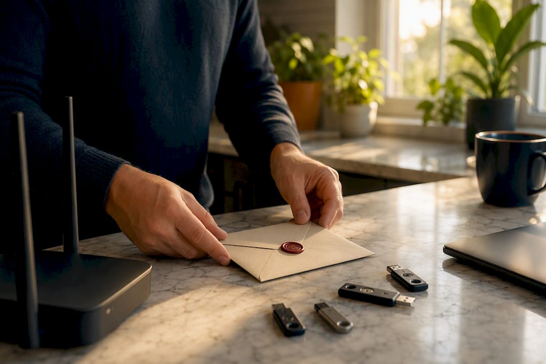 Hands placing sealed envelope with security tokens