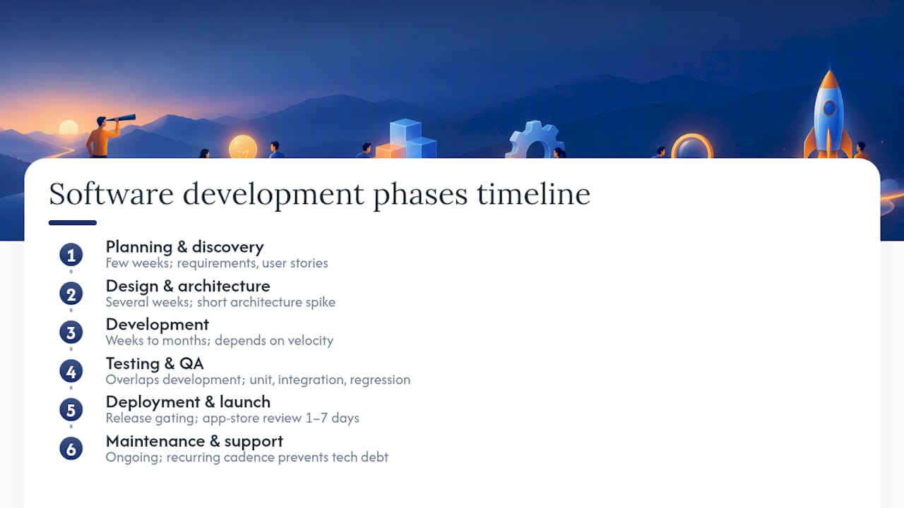 Six phases of a software development timeline