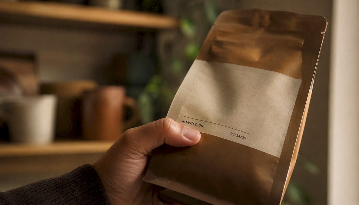 Hand holding coffee bag showing a clear roast date label