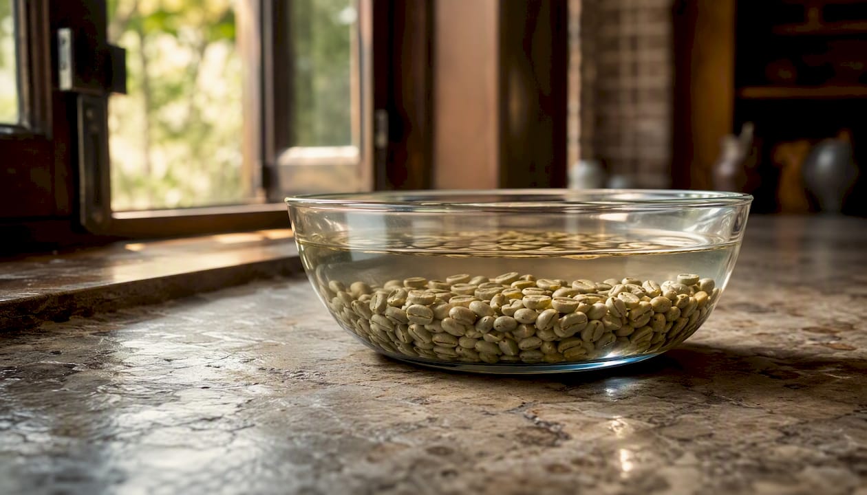 Green coffee beans soaking in water