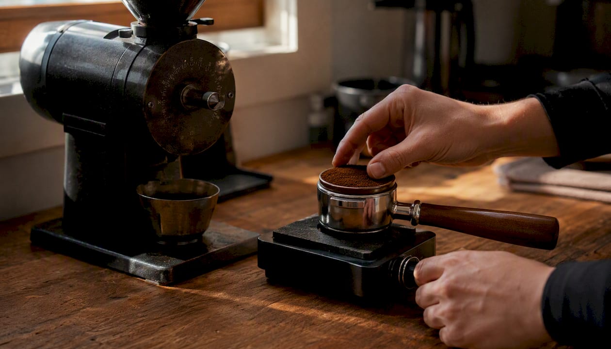 Hands adjusting espresso grind dose on scale